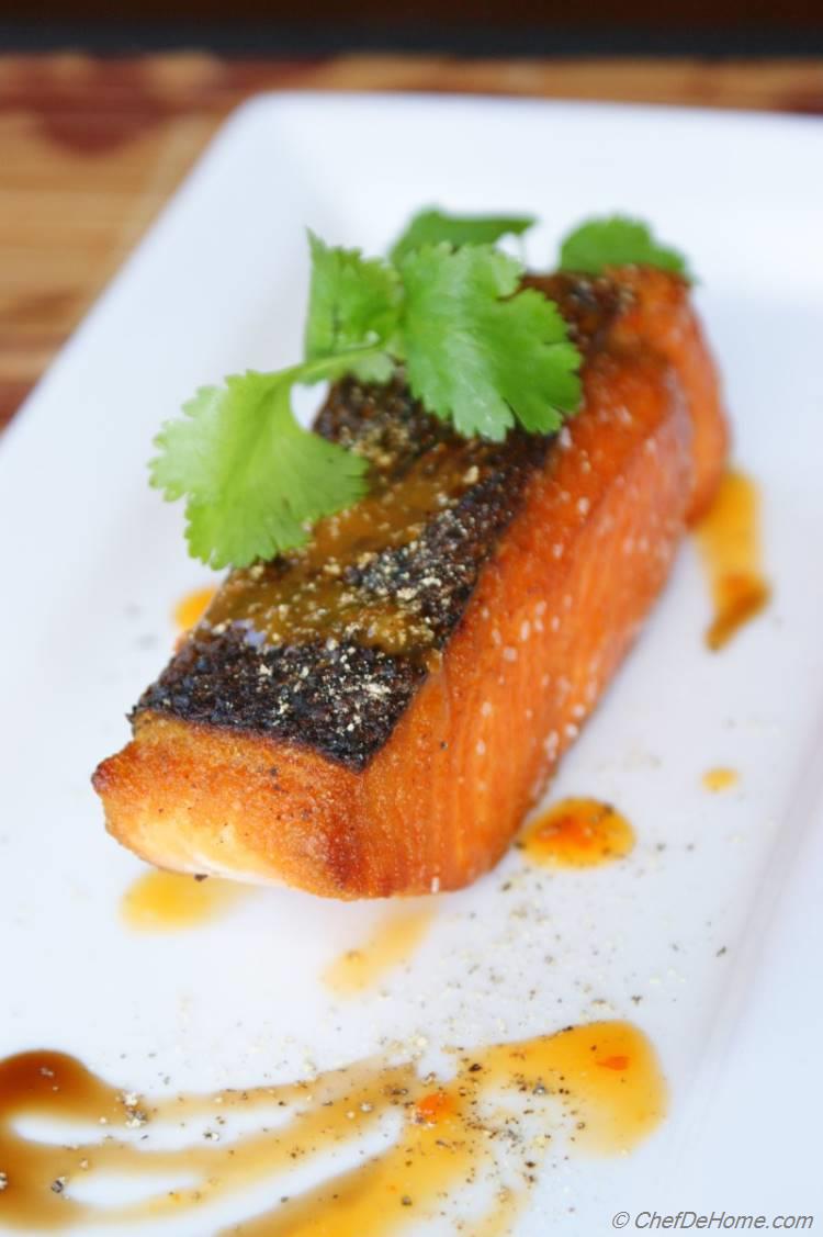 Pan-Seared Salmon with Mango Trip Hot Sauce